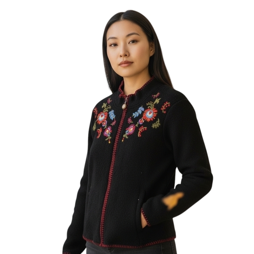 Vintage Floral Embroidered Black Wool Jacket With Pockets